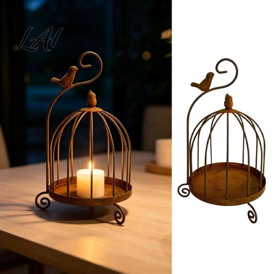 Rustic Style Metal Lantern Vintage Birdcage Candle Holder Tealight Decorative Artistic Display Stand for Home Decor Dining Table Living Room