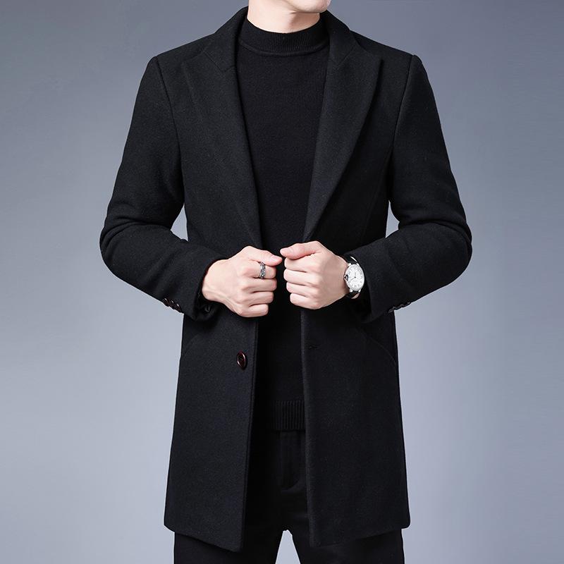 

Men s 2026 Mid-Length Slim Wool Trench Coat - Stylish, Solid Color Lapel Overcoat M чёрный