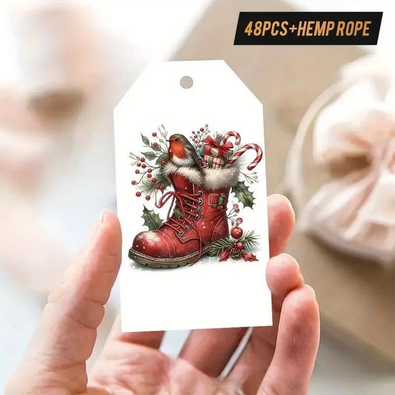 

48pcs Vintage Christmas Gift Tags with Hemp Rope -Elegant Holiday TagsClassic Christmas Decorating Supplies,Christmas Accessoris 9X5 CM
