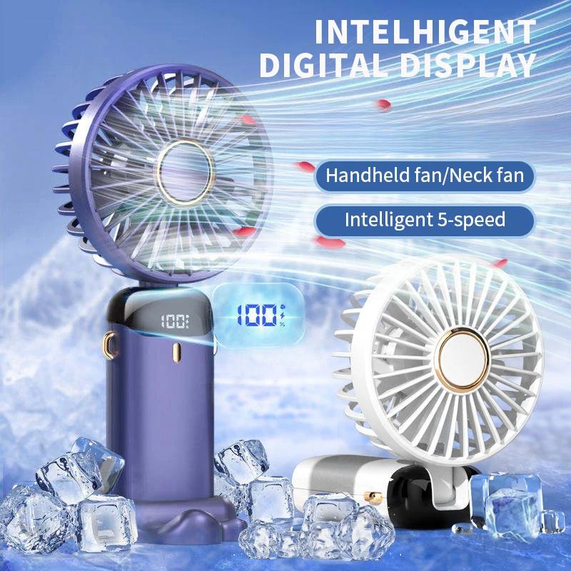 Tragbarer USB-Handventilator mit digitaler Akkuanzeige, 5-stufiger faltbarer Mini-Schreibtischventilator für Reisen, Büro, Außenbereich, Kühlung, geräuscharme Nutzung