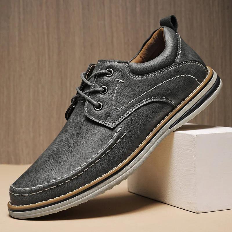 

Men Genuine Leather Casual Shoes Fashion Business Leisure Shoes Lace-up Loafers 46 сірий колір