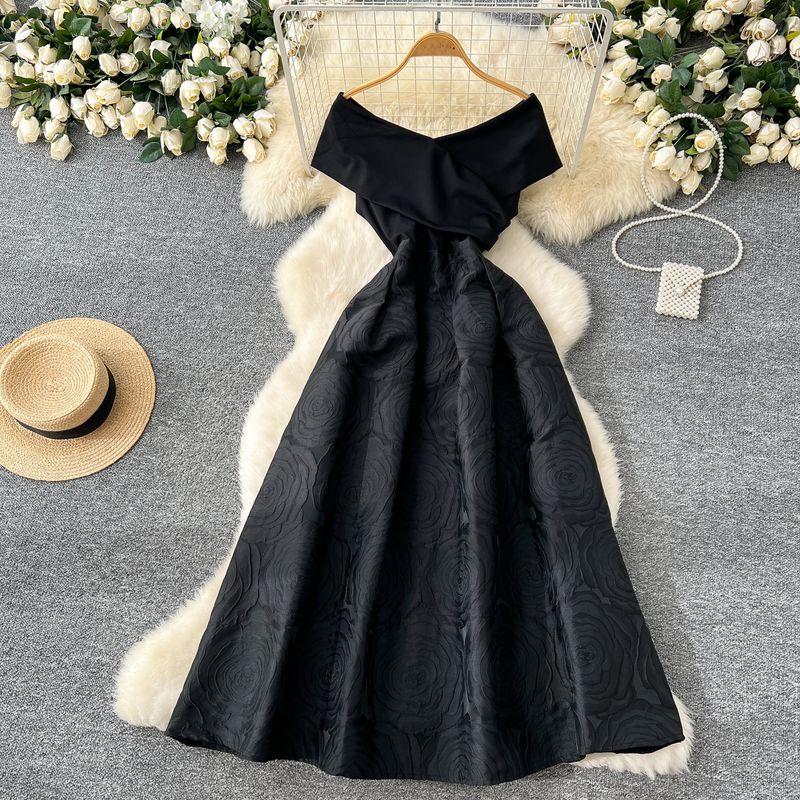 

French Suit Women s 2025 New Arrival Dress Classy off-Shoulder Patchwork Waist-Slimming Jacquard Swing Puffy Dress Black L