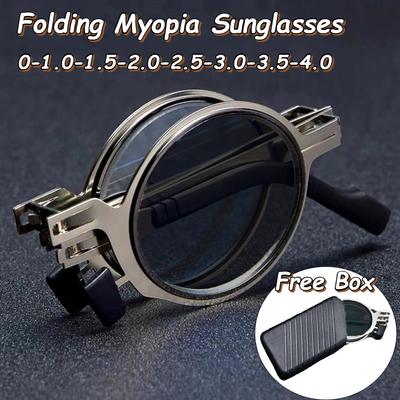 Anti-Blaulicht Tragbare Faltbare Myopie-Brille mit Box für Herren Metall Myopie-Sonnenbrille Nahsicht Brillen Shades Stilvolle Faltbare Graue Brillen