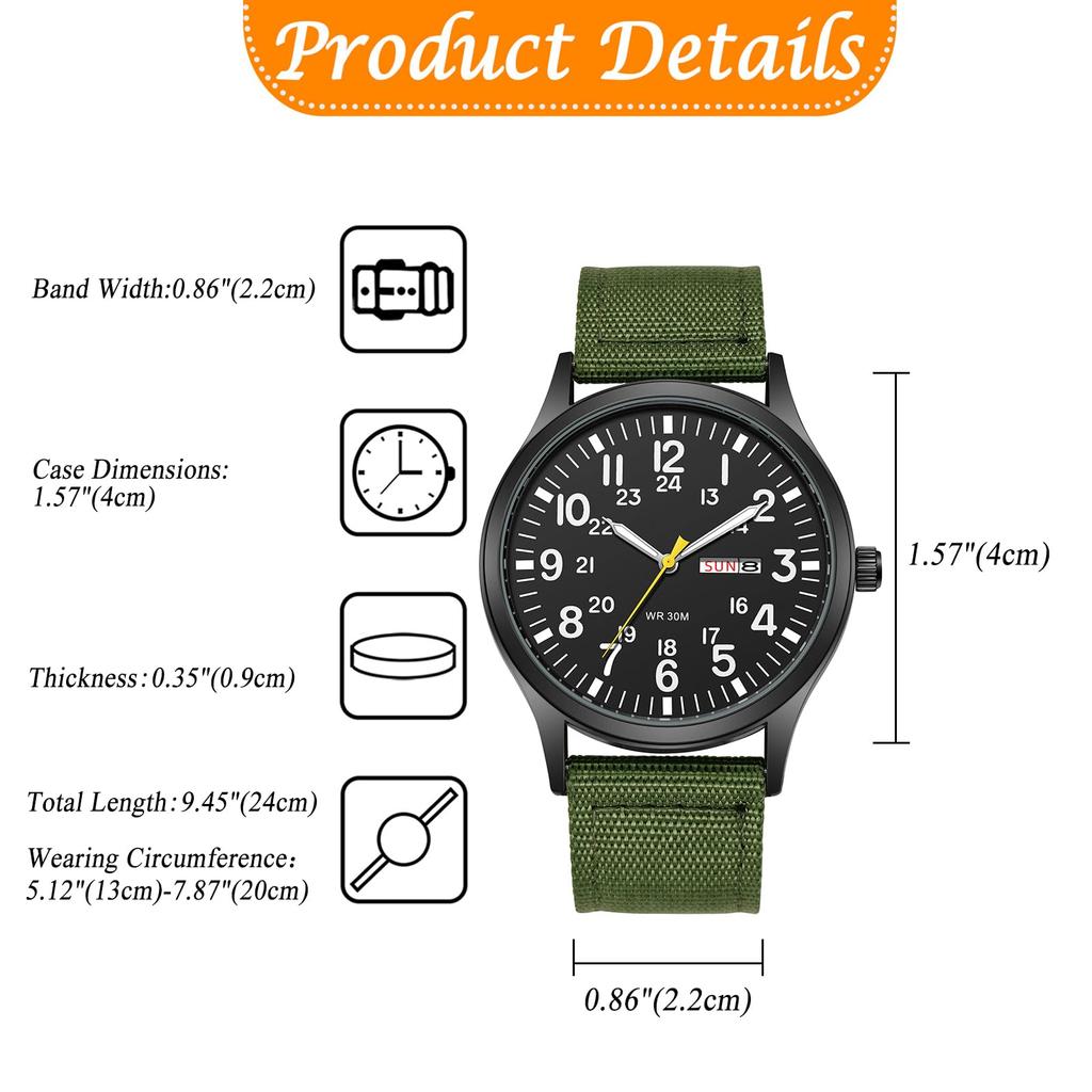 Men's Military Watch with Nylon Strap, Waterproof, Luminous Analog Display, Calendar, Upgraded Edition, Simple and Stylish Sports Watch, 1224 Quartz