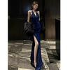 Rochie de Ziua de Naștere Albastru Francez Scânteietoare cu Gât Halter - Elegantă, Sexy și Trendy Rochie 2025