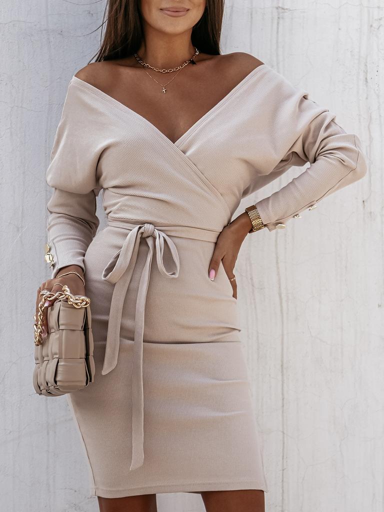 Damen V-Ausschnitt Keine Lässig Langarm Figurbetont Frühling/Herbst Büro Dame Gürtel Damen Polyester Normal Baumwolle Knielang Knöpfe Kleid