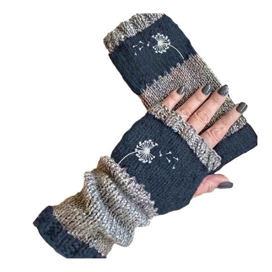 Knitted Fingerless Gloves Women Color-Block Knit Gloves Half-Finger Warm Gloves with Embroidered Dandelion Pattern for Texting Typing Writing
