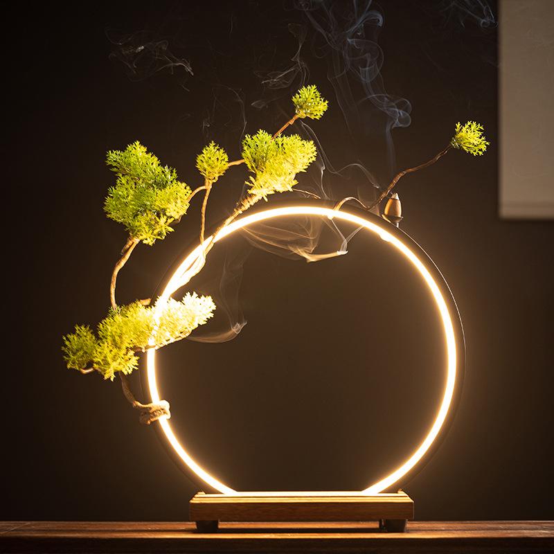 Chinese Zen LED Light Ring Ceramic Ornament for Living Room or Office Display