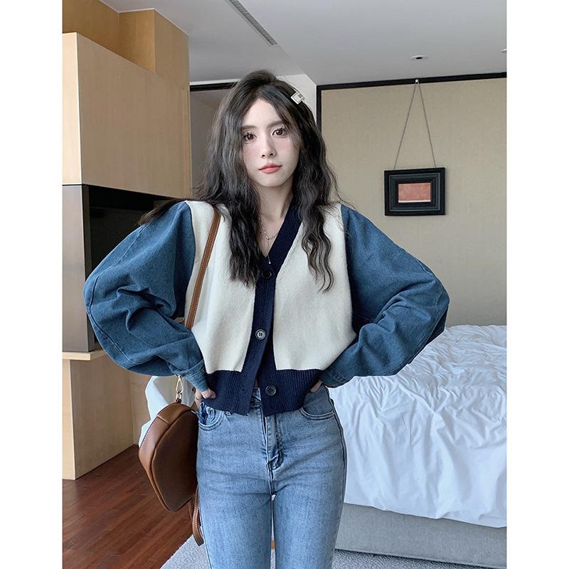 Contrasting Color Long-sleeved Sweater Cardigan Women's Autumn and Winter 2025 New Denim Splicing V-neck Short Casual Knitting