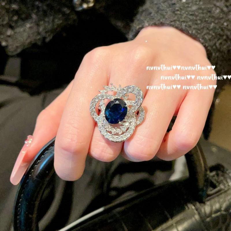 Vintage Floral Open Ring With Deep Sea Blue Cubic Zirconia Swirl Design 18K Gold Plated Womens Adjustable Band