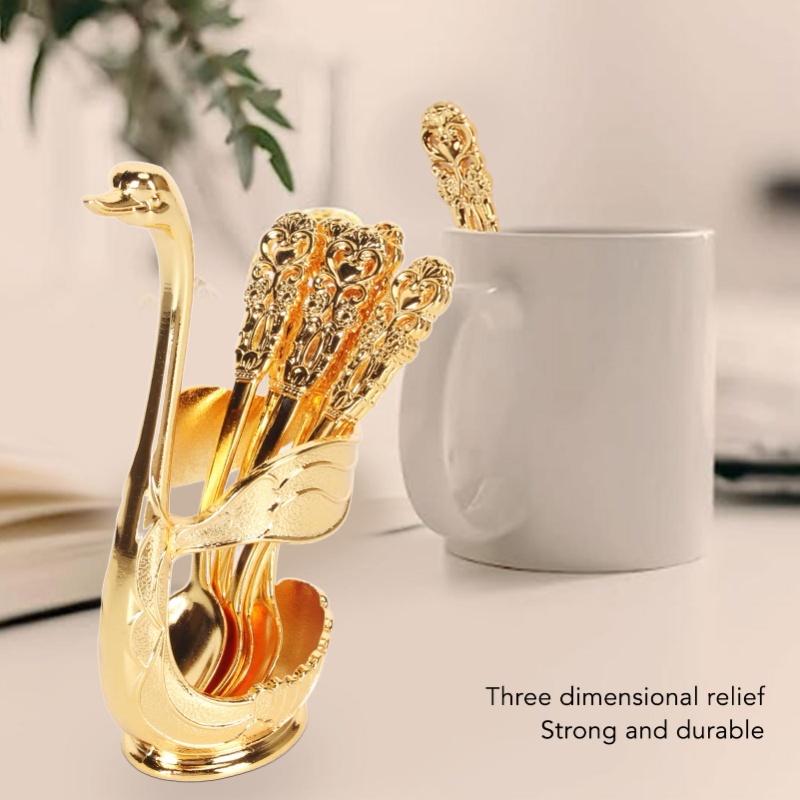 6er Kaffeelöffel Set Exquisite Dekorative Metalllöffel Mit Halter Für Dessert Eiscreme Kuchen Golden