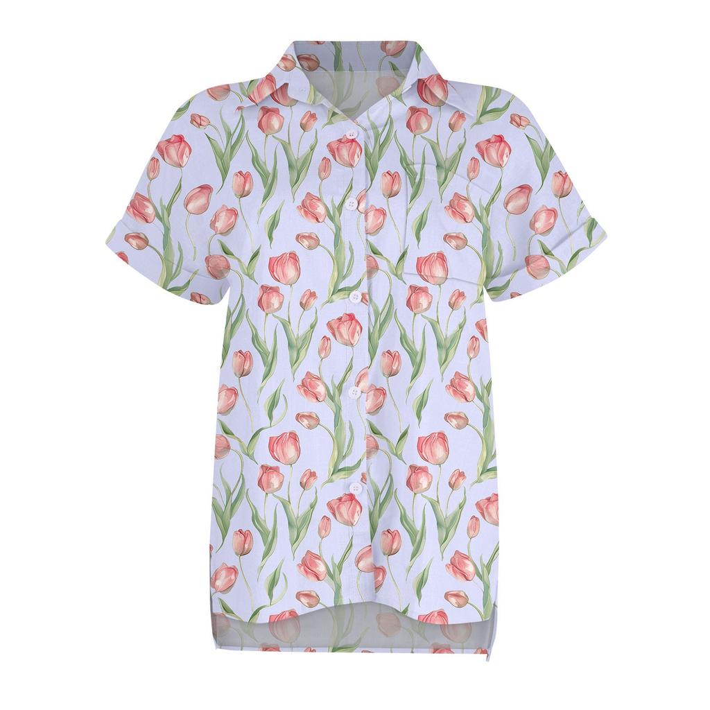 Damenmode, lockeres, lässiges Kurzarm-Revers-Button-Down-Shirt, bedrucktes T-Shirt-Oberteil