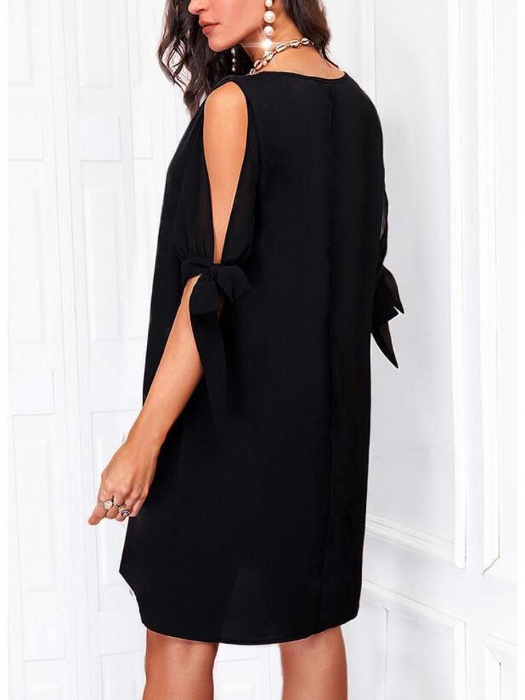 Off Shoulder V Neck Lace Chiffon Dress Sequined Solid Color European American Style