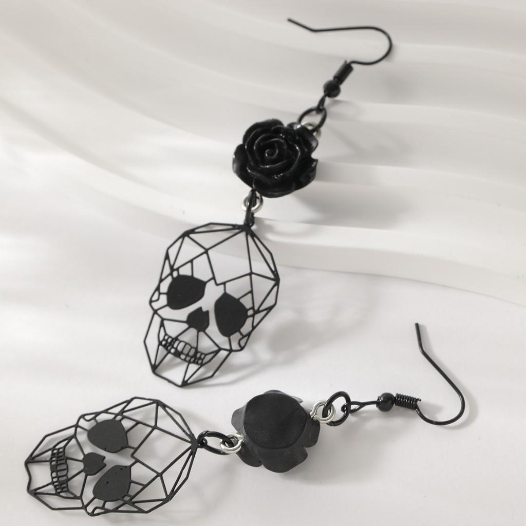 Gothic Punk Skull Rose Flower Drop Earrings, Statement Halloween Jewelry