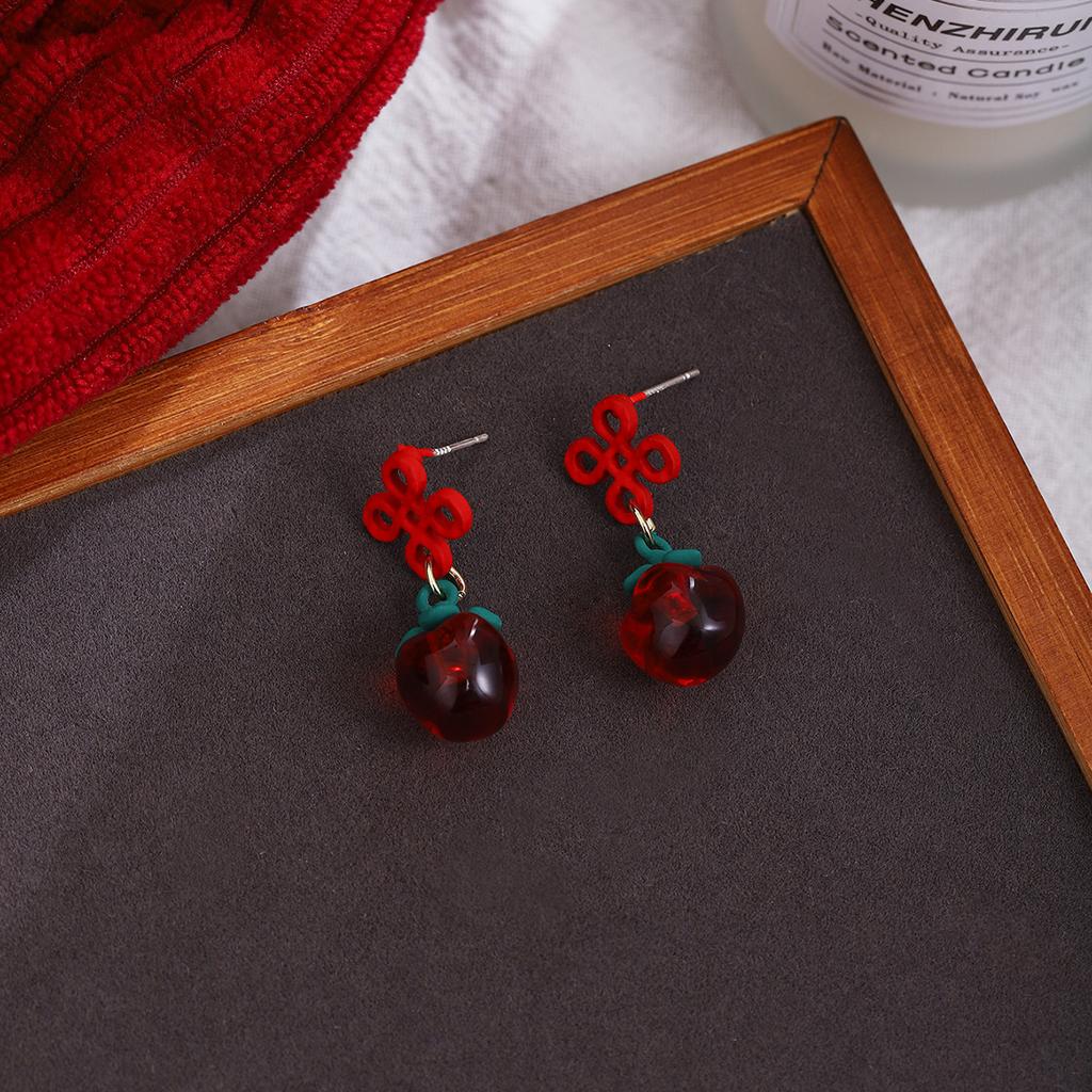 New Year'S Red Happy Character Koi Small Snake Stud Earrings, Autumn And Winter High Sense Chinese Style Blessing Character Chinese Knot Ear Hook