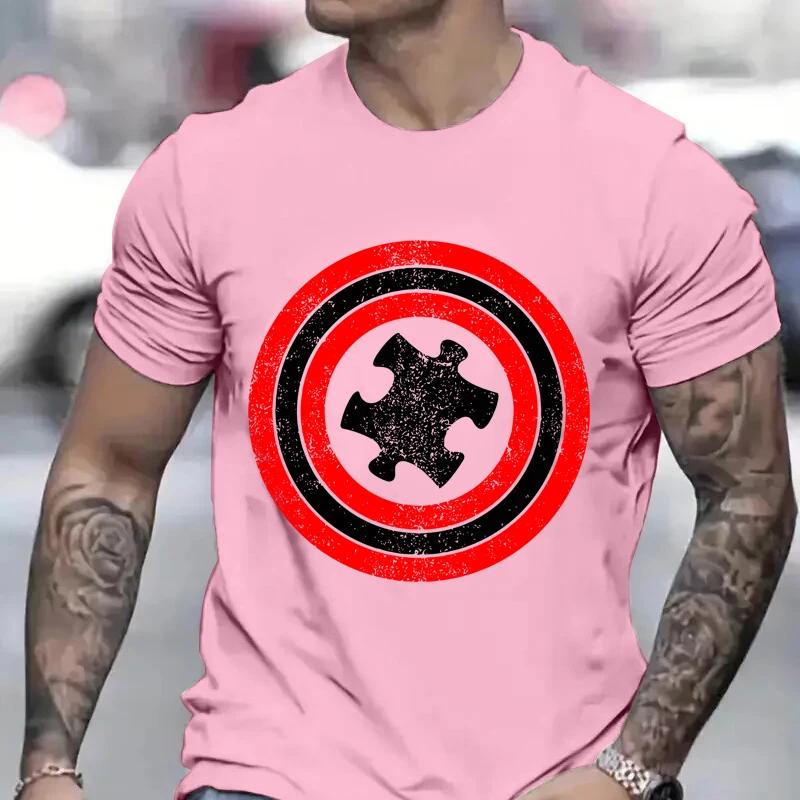 Man Tees Captain Autism Red and Blue Hero Shield Printed T Shirt Y2K Clothes Men's Clothing Hip-Hop T-shirt Men Streetwear Tops