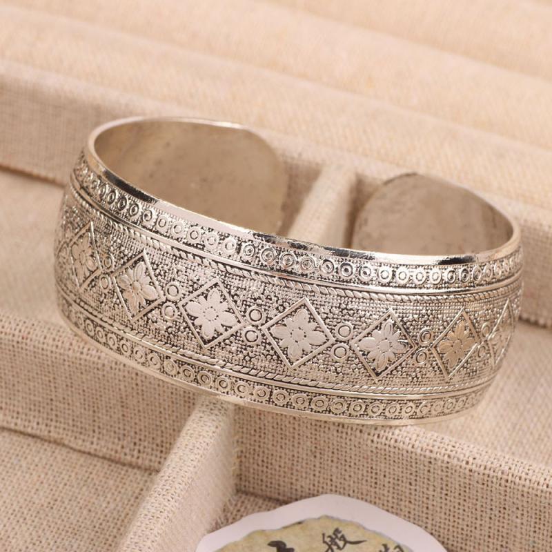 Bohemian Ethnic Style Retro Silver Wide Bracelet For Women Carved Flower Opening Fashionable Bracelet Boho Vintage Jewelry