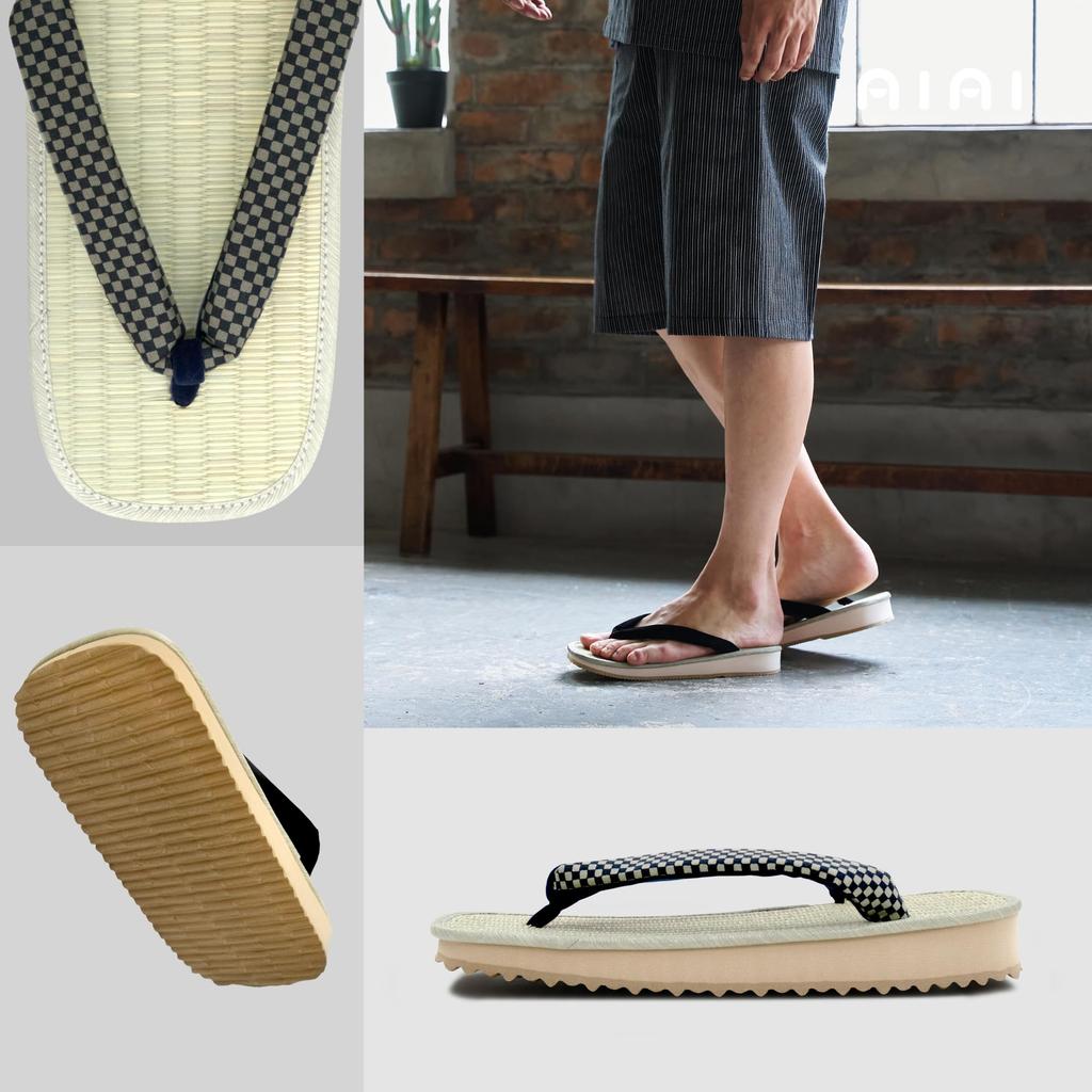[Ai-Ai] Sandalen, Schwammsohle, Binsen-Tatami, indigogefärbte gemusterte Zehentrenner (Streifen/Hanfblatt/Wellenmuster), schwarze Tanga-Slips, 5 Größen erhältlich [Hergestellt