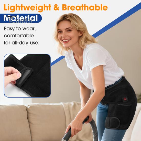 Ergonomic Hip Heating Pad Brace Massage Wrap with Red Light 3-Temp & Winter Warmer Vibration Modes USB-Powered Adjustable for Pain Relief Gentle Heat