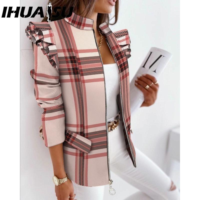 IHUASU Giacche e cappotti a maniche lunghe autunno inverno con stampa casual vintage a reticolo da donna