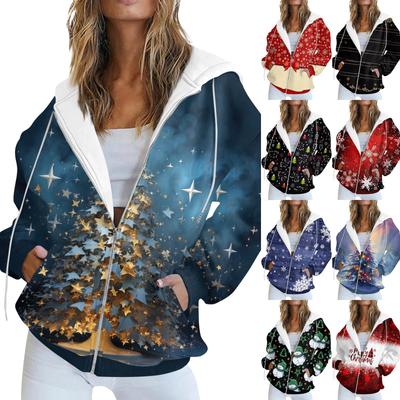 Sudadera con capucha y cremallera de manga larga con estampado navideño informal a la moda para mujer