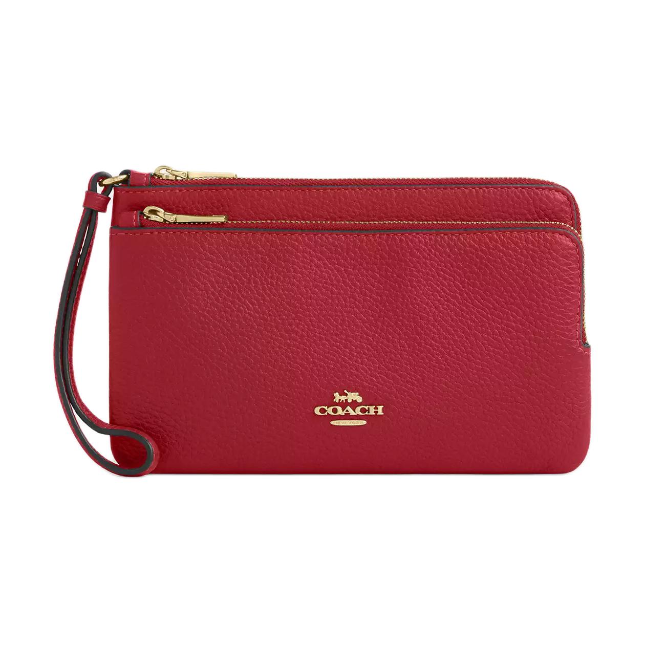 Coach Double Zip Wallet 20 Letter Logo Zipper Closure Pebble Grain Leather Wallet Women wallet Crimson CU919-IMDN8 True Red