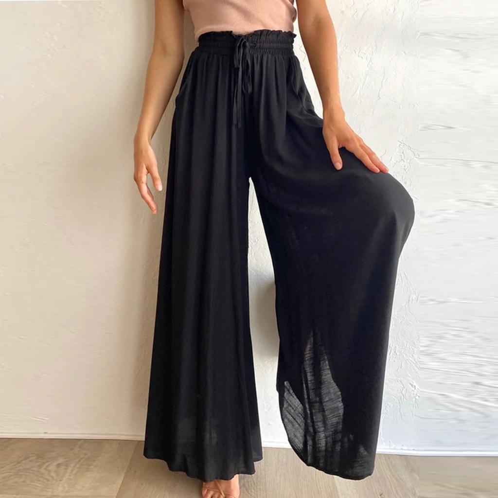 Women's Color Trousers Elastic Belt Wide Leg High Waist Long Culottes