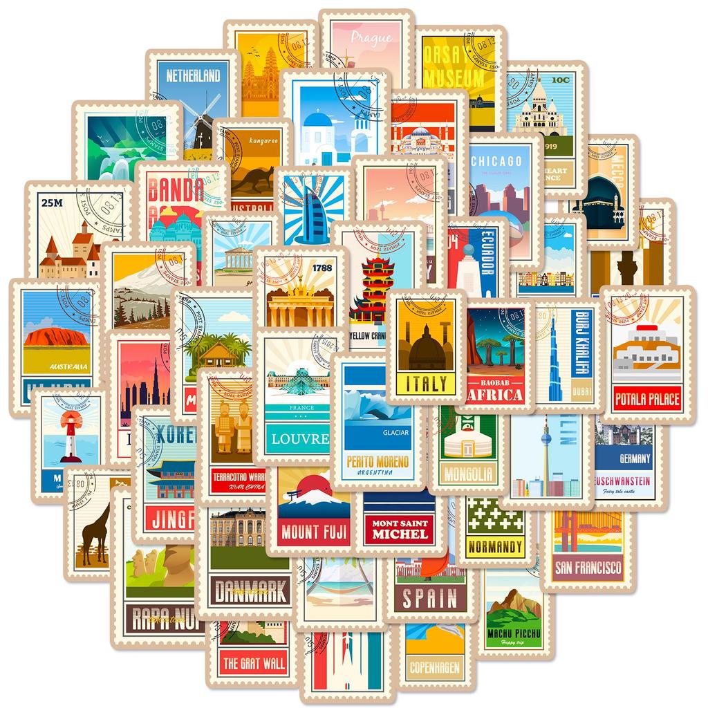 50 World Landmark Graffiti Stickers for Laptops, Bicycles & Cars