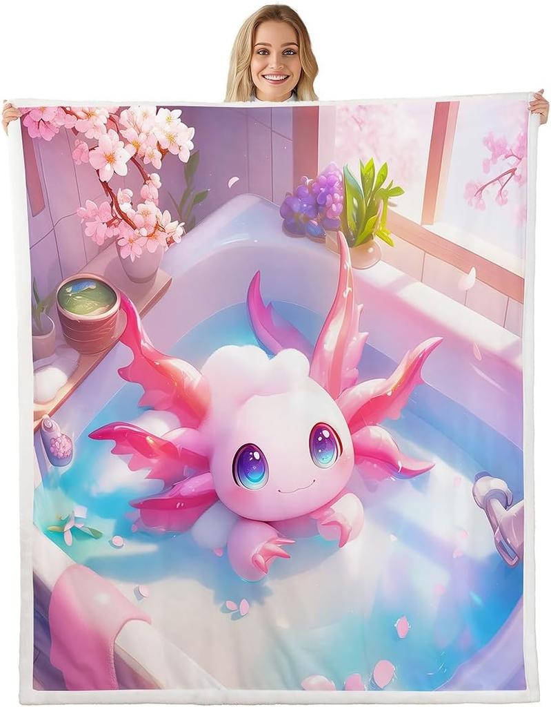 Cute Pink Axolotl Blanket Soft Fleece Throw Cherry Blossom Design Fantasy Art Kids Room Decor