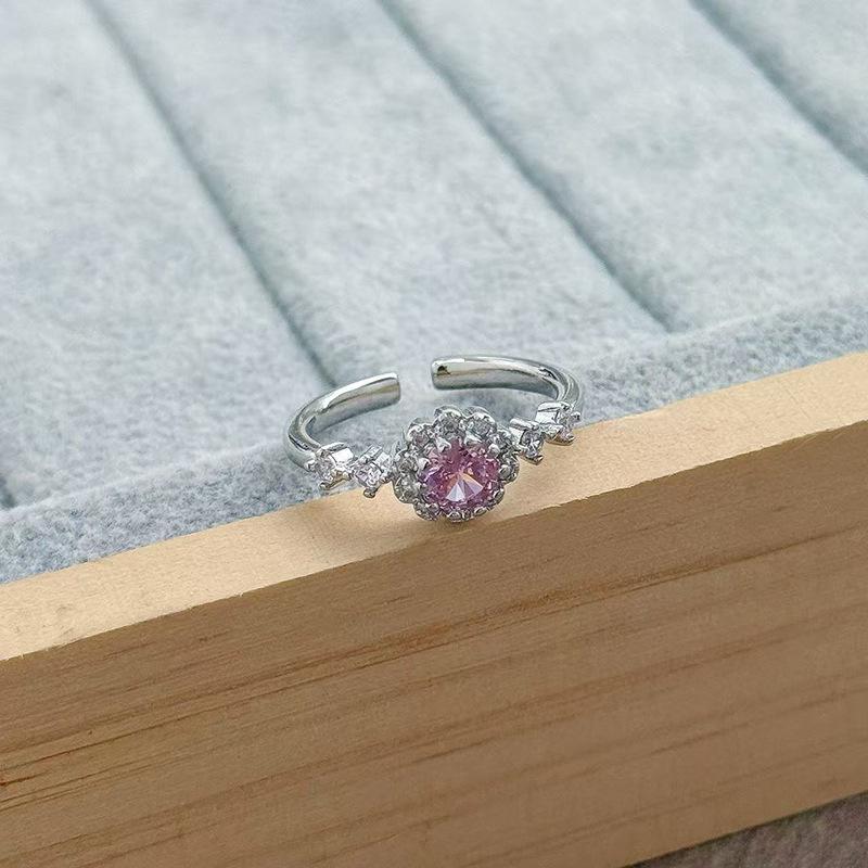 Sweet Crit Romantic Pink Micro-Inlaid Zir*****Pen Ring Female Color Treasure Cold Wind Niche Temperament Light Luxury Ring
