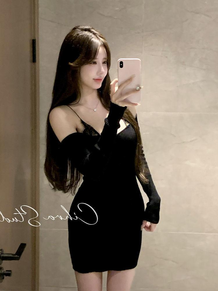 Black Sexy Off-Shoulder Long Sleeve One-Shoulder Dress Women's Autumn New Slim and Skinny Lace Suspender Hip Dress