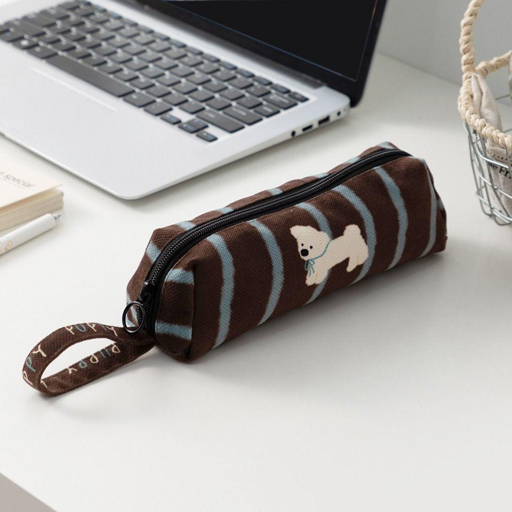 Striped Puppy Pattern Storage Bag Large Capacity Handheld Pencil Case Zipper Design Stationery Pouch School Office