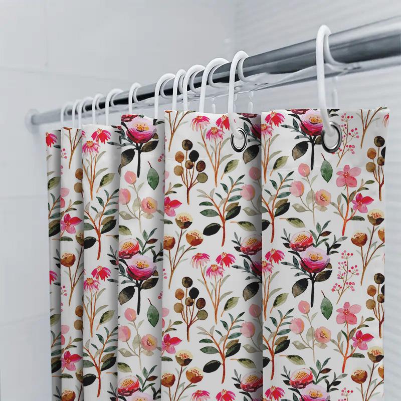 Floral Shower Curtain Pink Blossoms Greenery Bath Decor Waterproof Fabric 180X275Cm Home Accessories