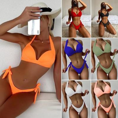 Costume da bagno da donna a due pezzi separati Sexy con spalline al collo Bikini a tinta unita aderente Costume da bagno da spiaggia europeo e americano