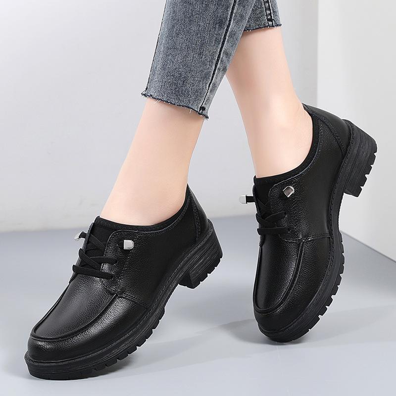 New Autumn and Winter Mid-heel Genuine Leather Casual Lazy Leather Shoes Black Thick-heeled Work Shoes Versatile Thick-soled Women's Shoes