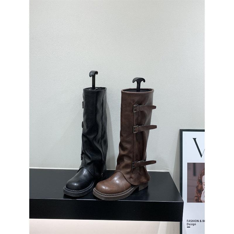 Thick-soled brown Maillard long knight boots women's boots 2025 new autumn and winter black locomotive medium boots