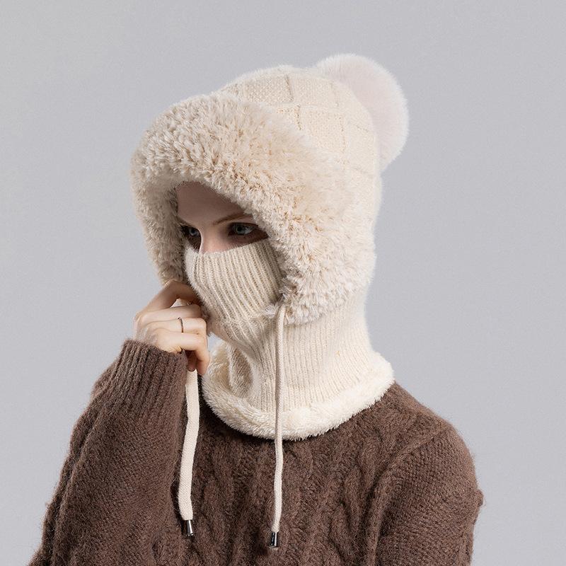 Winter Velvet Knitted Wool Hat Women's Ear Protection Hat Mask Scarf Integrated Thermal Pullover Hat