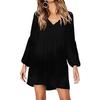 Women Fall Spring Dress V-Neck Single Color Comfortable Fit Patchwork A-line Big Swing Long Lantern Sleeve Soft Pullover Above Knee Mini Dr