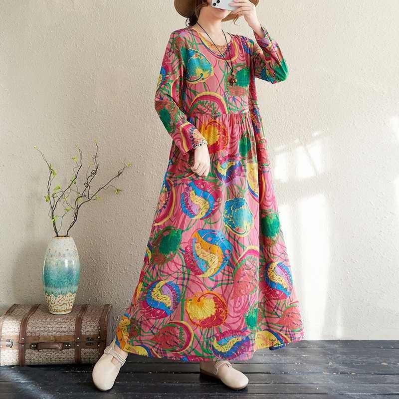Large Size Summer Vintage Floral Loose Dress Flowing A-line Dress Women