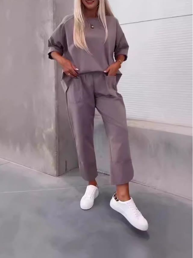 2024 European & American Women's Loose Casual Two-Piece Set: Solid Color Crew Neck Top & Nine-Point Pants for Autumn