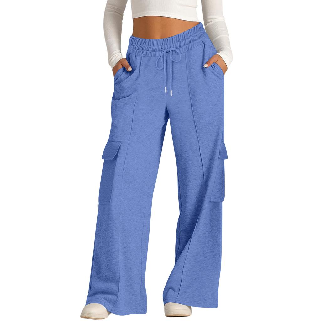 Women's Casual Fashion Color Elastic Waist Drawstring Workwear Wide Leg Pants With Pockets