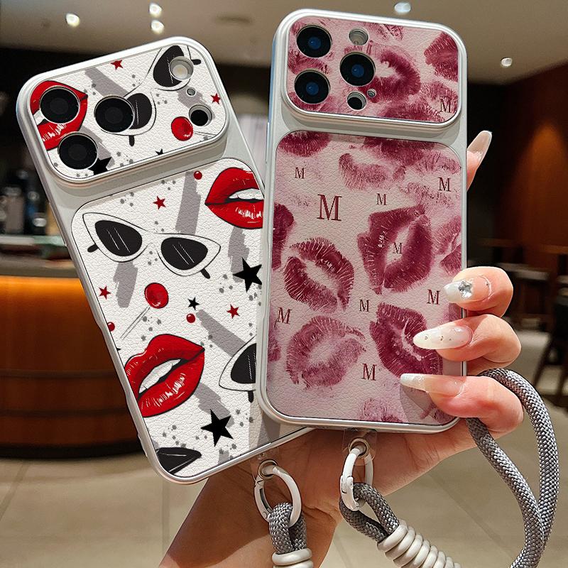 Leopard Kiss Lips Leather Lanyard Case For iPhone 18 Pro Max 17 16 15 14 13 Pro Max Luxury Hybrid TPU+PU Anti-skid Soft Phone Cover