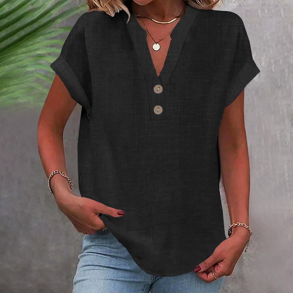 Summer Cotton Linen Breathable Solid Color Button Down V-neck Shirt Basic And Versatile Casual Comfortable Lady Office Tops