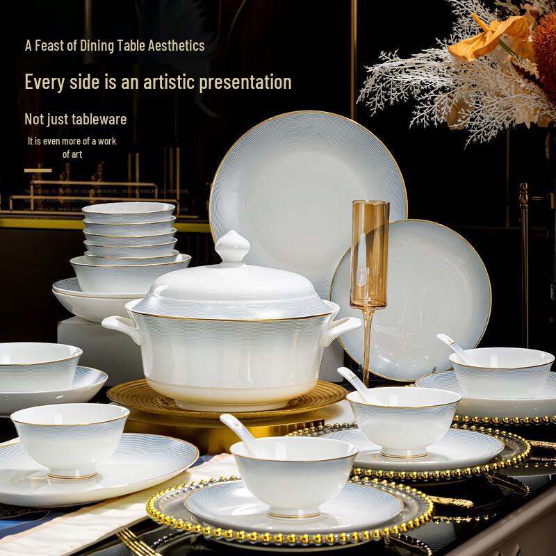 Mornenjoy Jingdezhen 58-elementowy zestaw ceramicznej zastawy stołowej - Seria Jinghongyun Lanwu