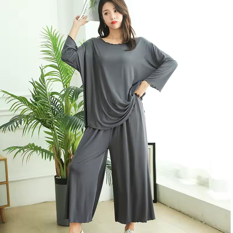 Large Size Home Suits Women Spring Autumn Loose Long-sleeved Pajamas Two-piece Set Nine-point Wide Leg Pants Pijama Sleepwear Femme