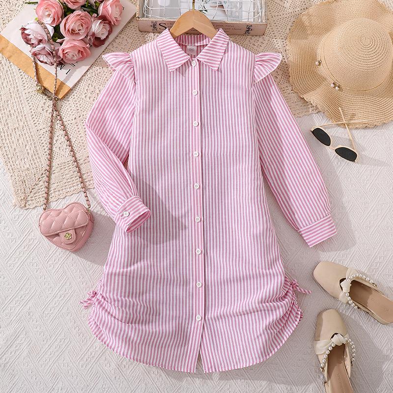 

Платье для девочек Детская одежда Осень Новое Повседневное Длинное в полоску Длинный рукав С поясом Рубашка-платье 12Y розовый