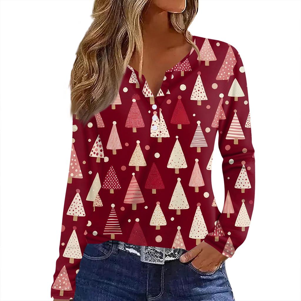 Camiseta de Mujer Estampado Navideño Botón Manga Larga Diario Fin de Semana Moda Básica Cuello en V Regular Top
