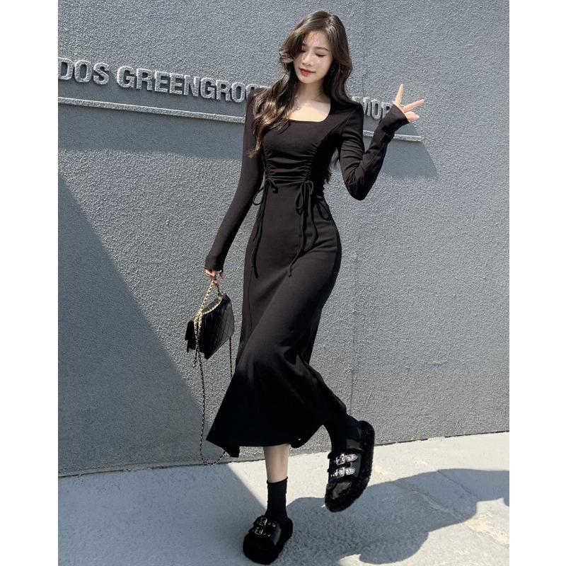 

Pure desire square collar fishtail dress women s spring, autumn and winter bottoming hip skirt waist slim long skirt coat XL чорний