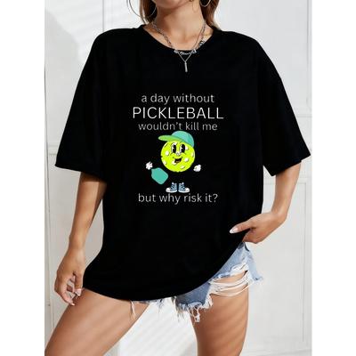 Weißes Oversized-T-Shirt mit Pickleball-Cartoon- und Textdesign für Freizeitkleidung und sportliche Aktivitäten