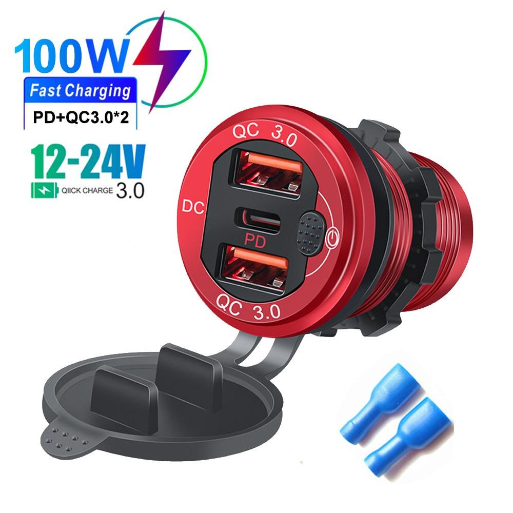 

Автомобильное зарядное устройство PD из алюминиевого сплава мощностью 115 Вт — быстрая зарядка QC3.0 и Type-C, водонепроницаемость IP66 1PD+2QC Port красный